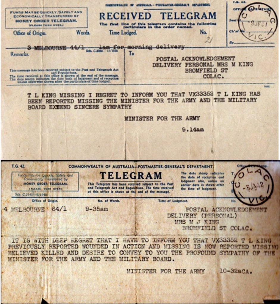 The official notification, by telegram of Len reported missing in action and later. missing, believed killed.